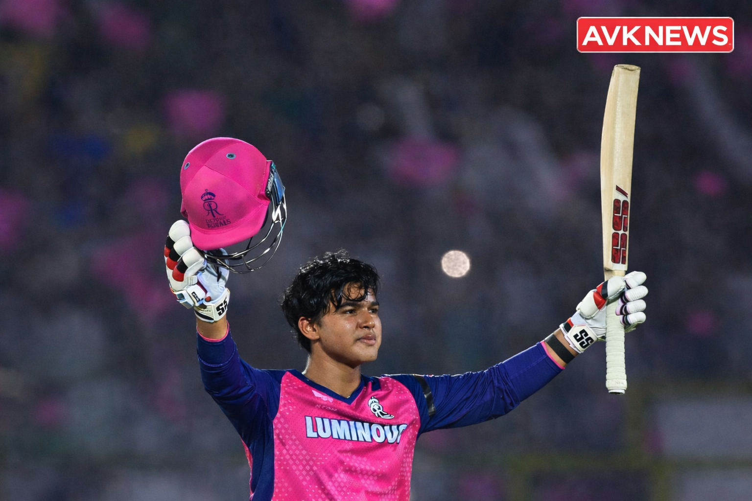 Young cricketer celebrating with bat and helmet under stadium lights with AVK News logo in the upper right corner